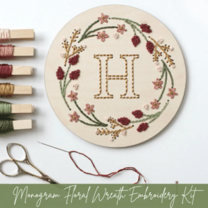 DIY Wood Embroidery Kit – Monogram Floral Wreath: D