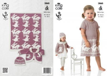King Cole Dress, Cardigan, Hat & Blanket Knitting Pattern Leaflet 3860