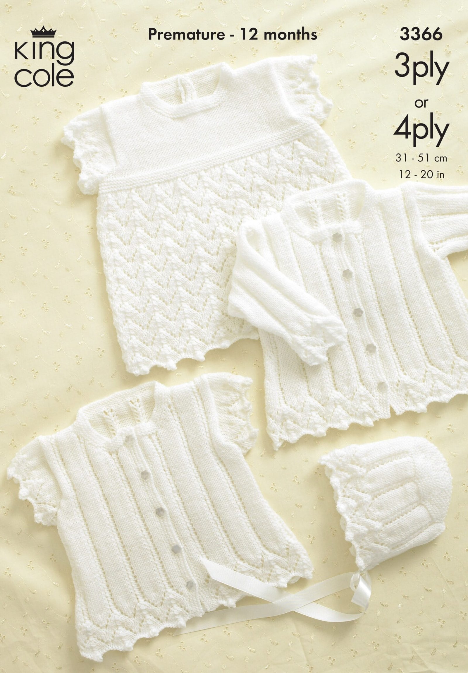 King Cole Cardigans, Bonnet & Angel Top Knitting Pattern Leaflet 3366
