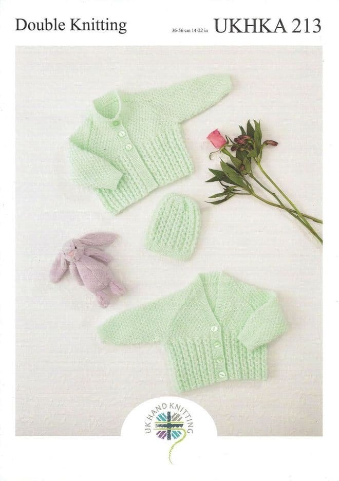 UKHKA Baby Round or V Neck Cable Cardigan & Hat Knitting Pattern Leaflet UKHKA 213