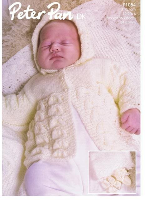 Peter Pan Matinee Coat, Bonnet, Mittens, Bootees & Shawl Knitting Pattern Leaflet P1054