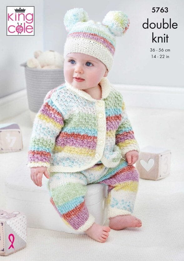 King Cole Onesie, Cardigan, Trousers and Hats Knitting Pattern Leaflet 5763