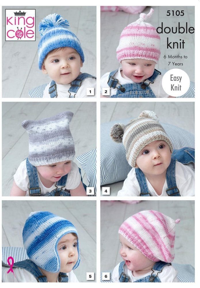 King Cole Baby Childrens Easy Knit Hats Knitting Pattern Leaflet 5105