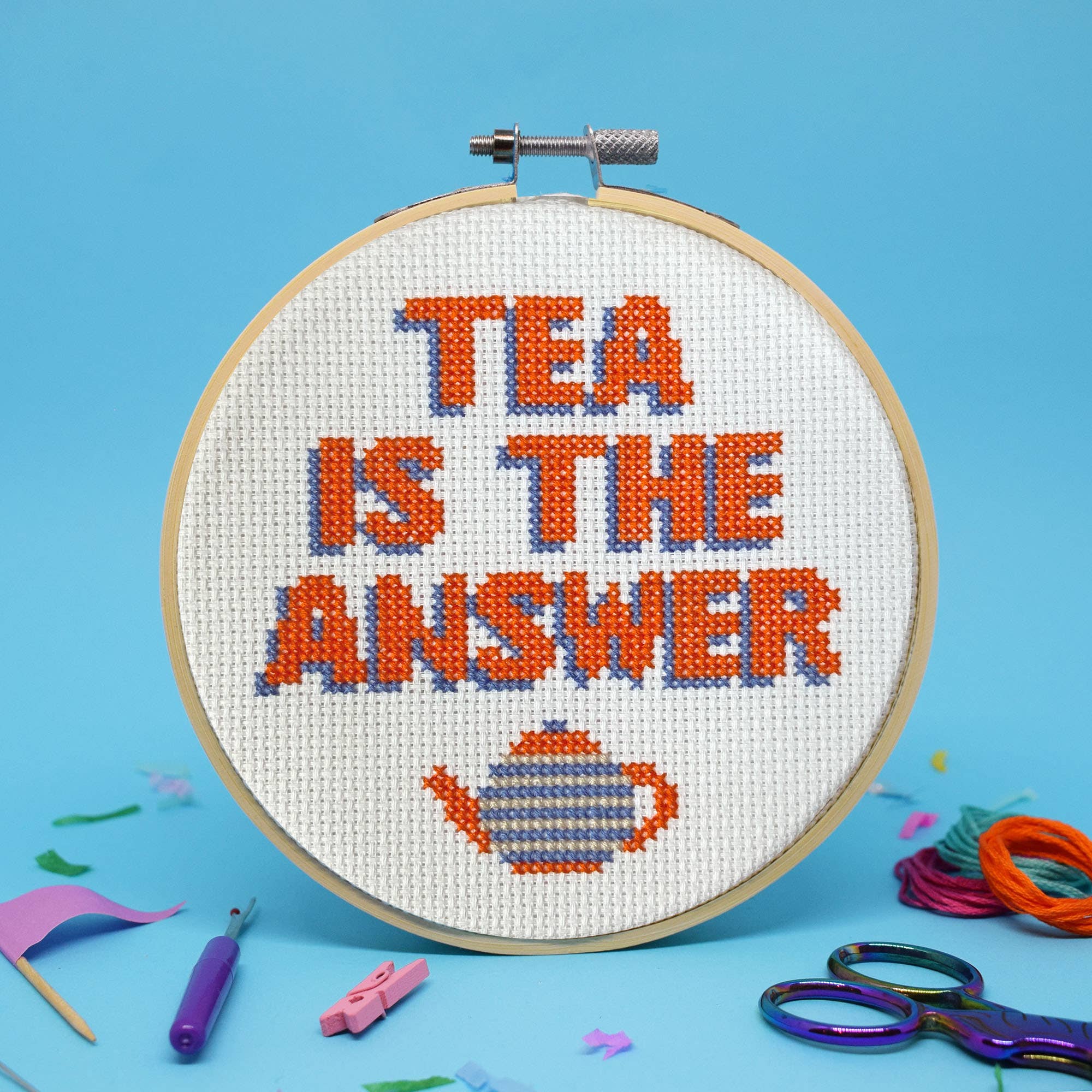 Tea is the Answer large 5″ cross stitch craft kit