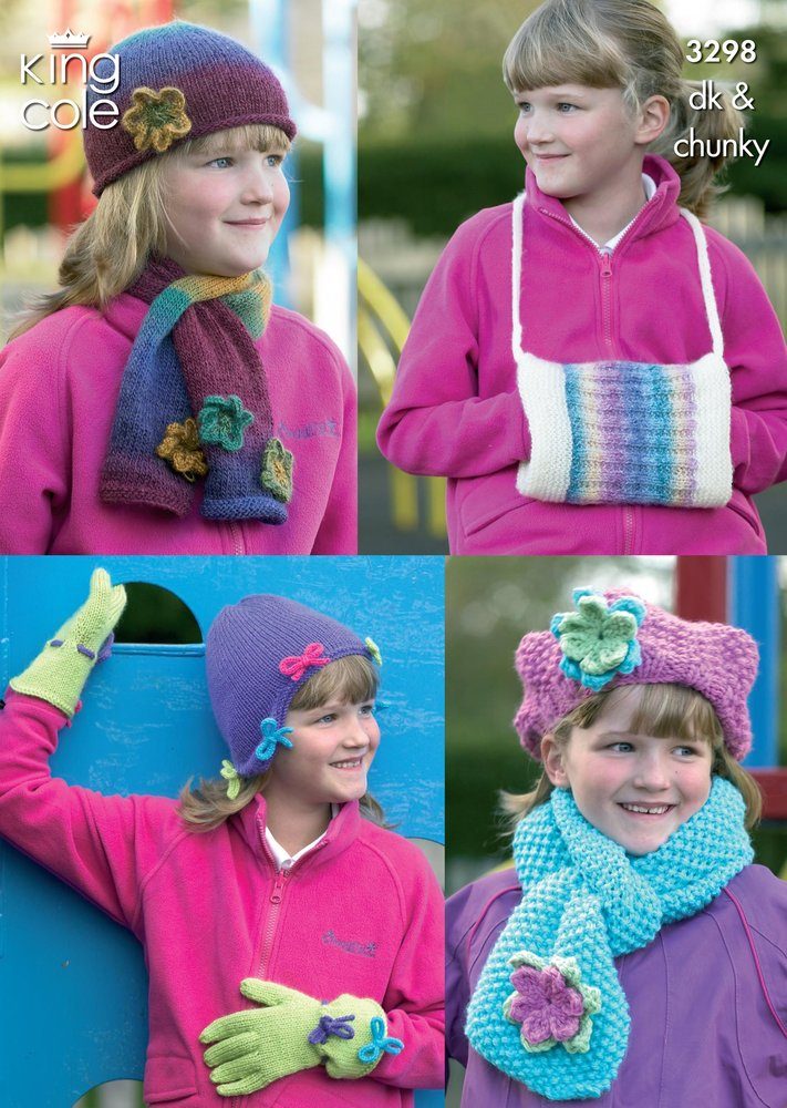 King Cole Girls Hats, Scarves, Gloves & Handwarmer Knitting Pattern Leaflet 3298