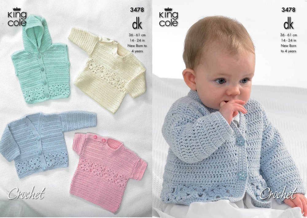 King Cole Cardigan, Hooded Gilet, Long and Short Sleeved Sweaters Crochet Pattern Leaflet 3478