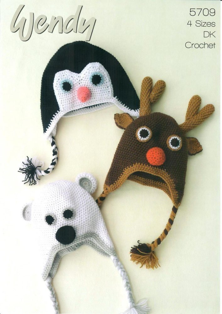 Wendy Christmas Animal Penguin, Reindeer and Polar Bear Hats Crochet Pattern Leaflet 5709