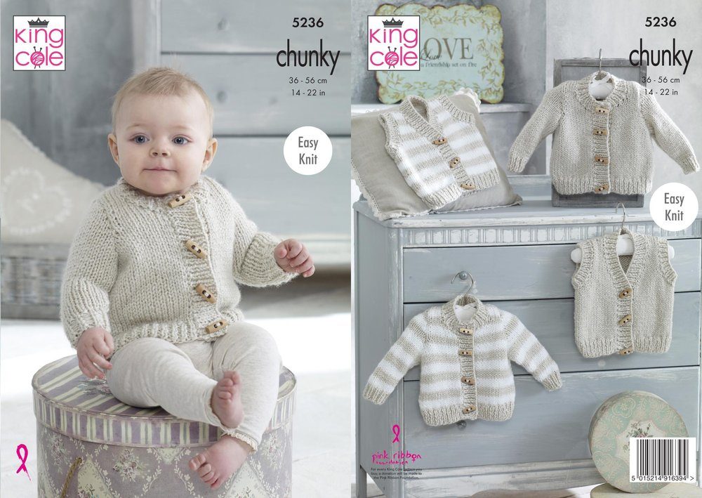 King Cole Baby Striped & Plain Cardigans Waistcoats Knitting Pattern Leaflet 5236