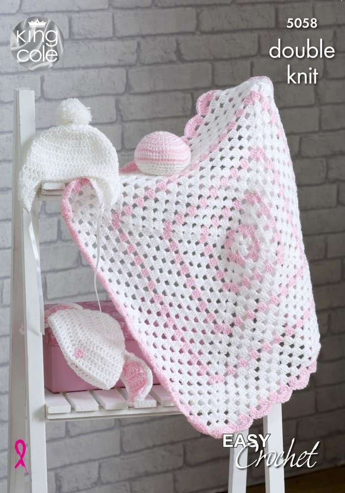 King Cole Granny Blanket, Baby Hats and Ball Crochet Pattern Leaflet 5058