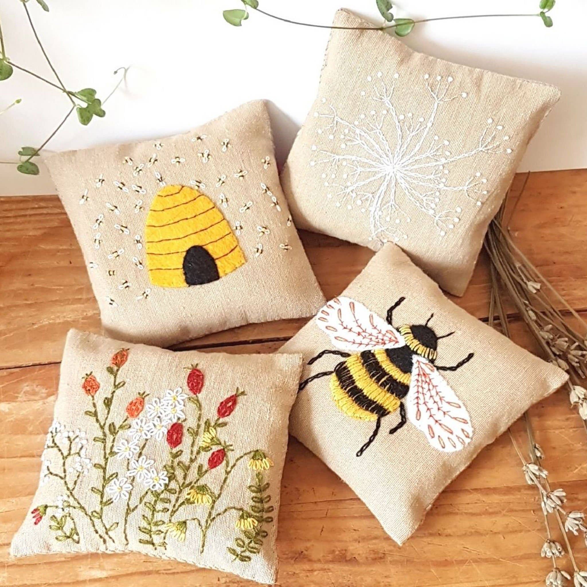 Linen Lavender Bags Embroidery Kit – Bees: French