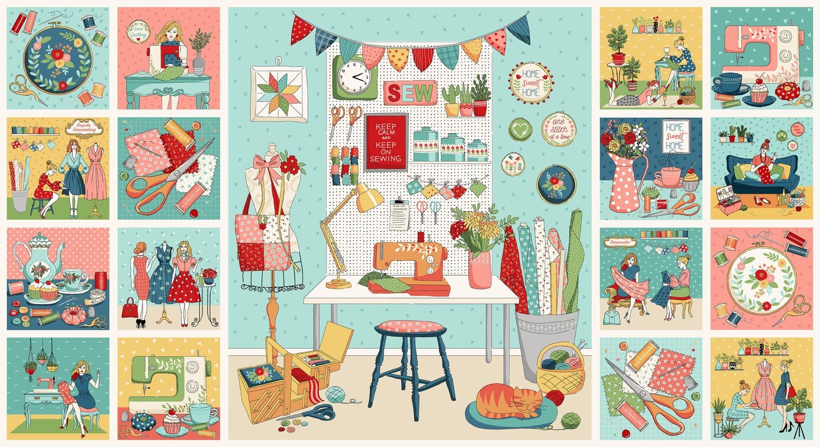 Makower Sewing Room Sewing Machines Panel 2508/1