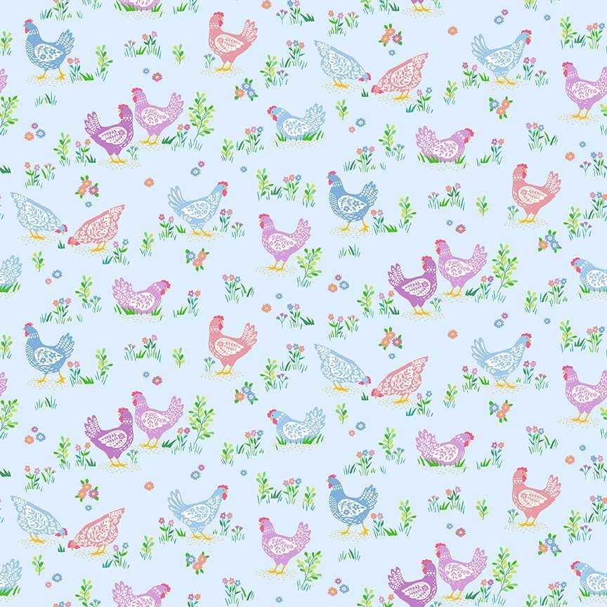 Makower Hello Spring Happy Hens Blue 084/B