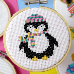 Cosy Penguin mini 3″ cross stitch craft kit