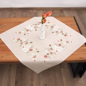 Duftin DIY Embroidery Set, Floral Bunny Embroidery, DIY Tablecloth Easter Decor, 72 x 72 cm