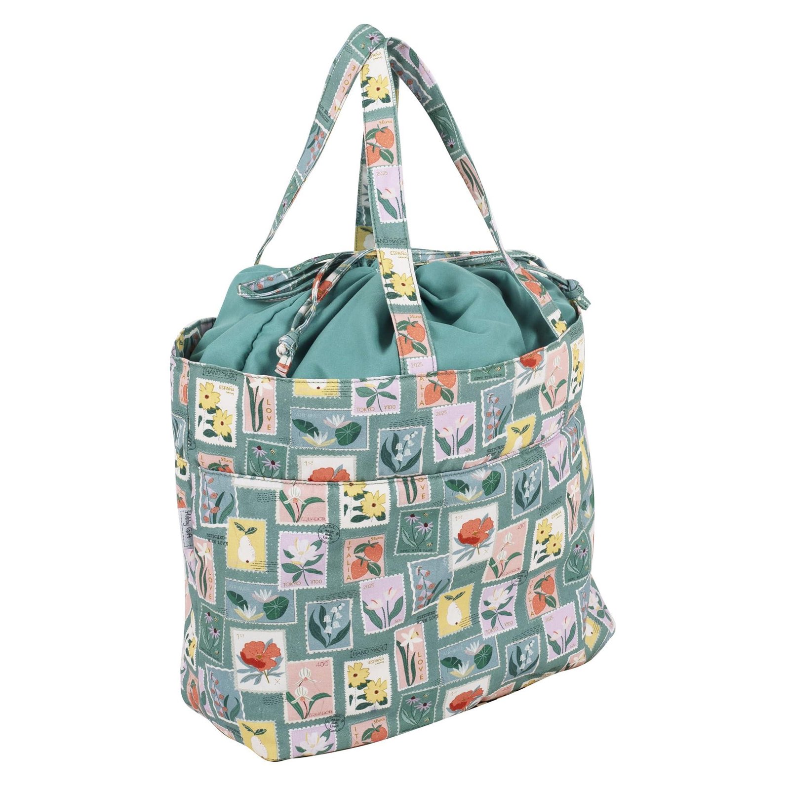 Hobby Gift Drawstring Bags – Modern Cotton Fabric with Embroidered Stamp Print Secure Top Closure for Knitting, Sewing, Crafting, Storing and Carrying 18 x 32 x 34cm, Multicoloured, Craft Bag