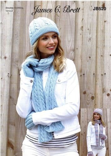 James C Brett Ladies Hat, Scarf & Gloves Knitting Pattern Leaflet JB520