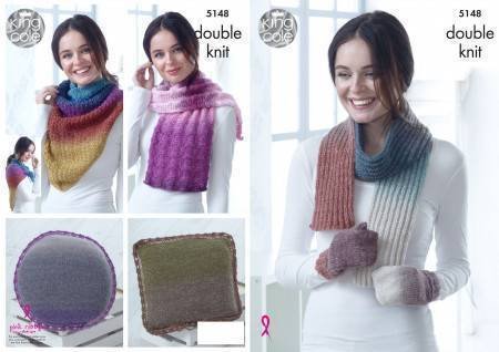 King Cole Mittens, Scarf, Square and Round Cushions, Lace Wrap and Triangular Wrap Knitting Pattern Leaflet 5148