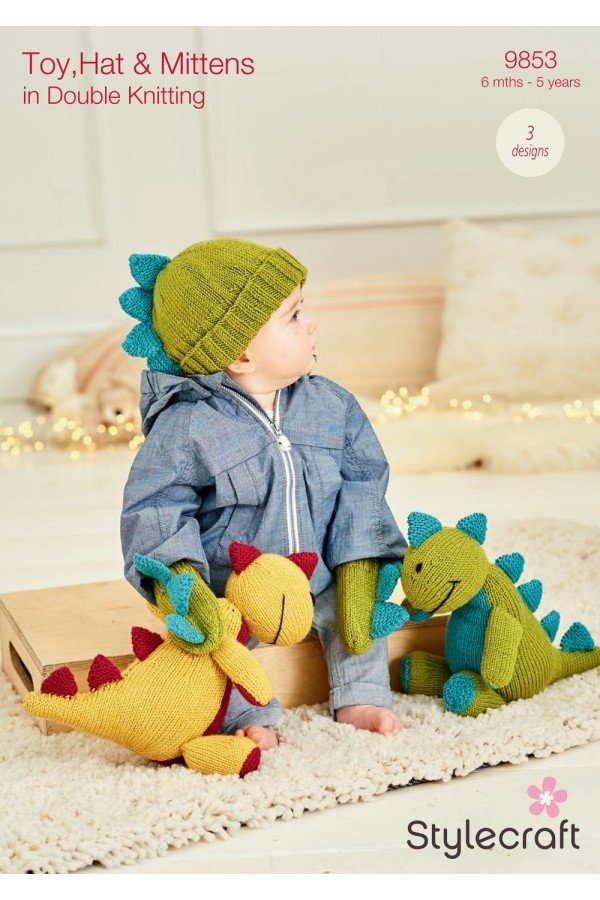 Stylecraft Dinosaur Toy with Hat and Mittens Knitting Pattern Leaflet 9853
