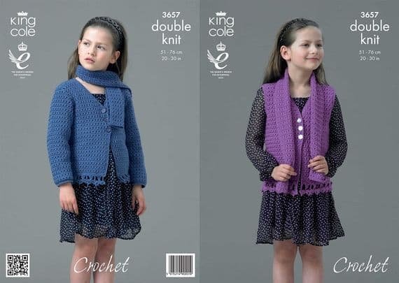 King Cole Cardigan Waistcoat and Scarf Crochet Pattern Leaflet 3657