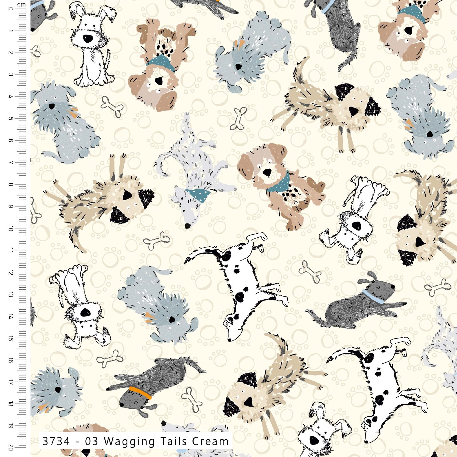 Ruff and Tumble by Susan Wheeler – Fat Quarter Bundle 9 Ruff-and-Tumble-Sales-Sheets_3734-03-Wagging-Tails-Cream-Web-Image