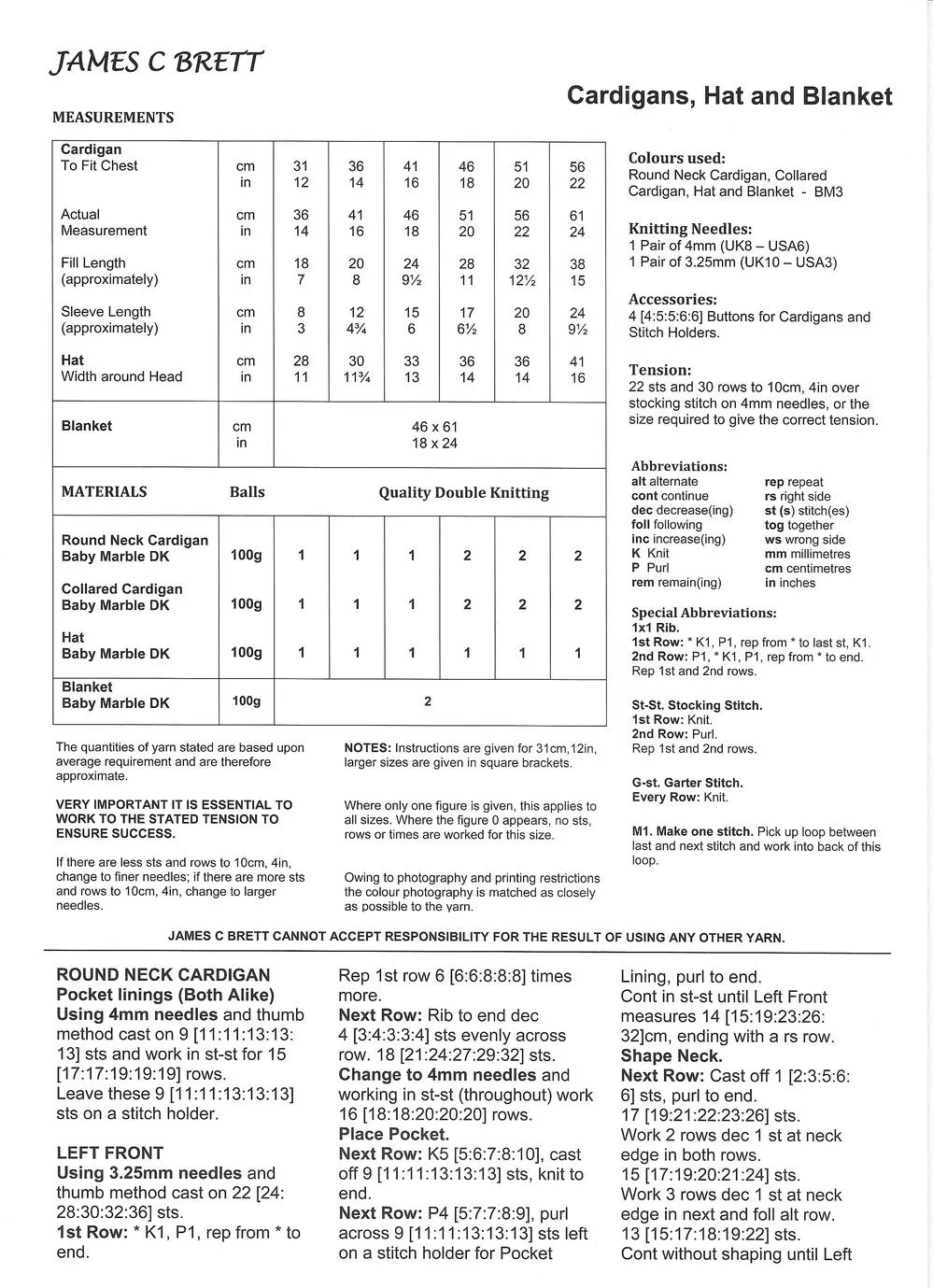 James C Brett Cardigans, Hat & Blanket Knitting Pattern Leaflet JB010 7 James-C-Brett-Knitting-Pattern-JB001_1