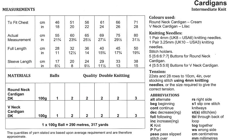 UKHKA Cardigans Knitting Pattern Leaflet UKHKA 271 7 UKHKA-271-Instructions
