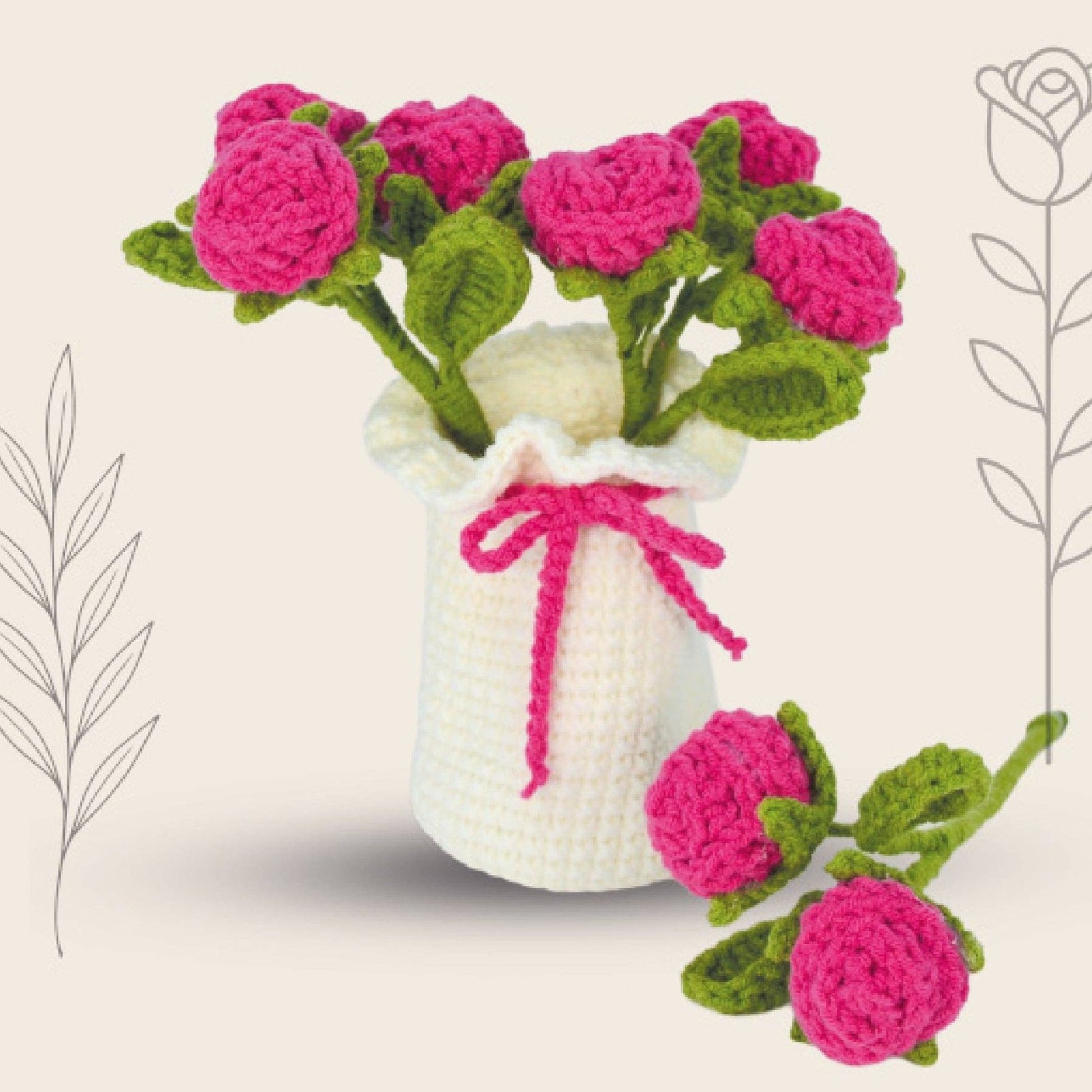Forever Florals – Roses and Vase Crochet Kit: Fuchsia Roses White Vase