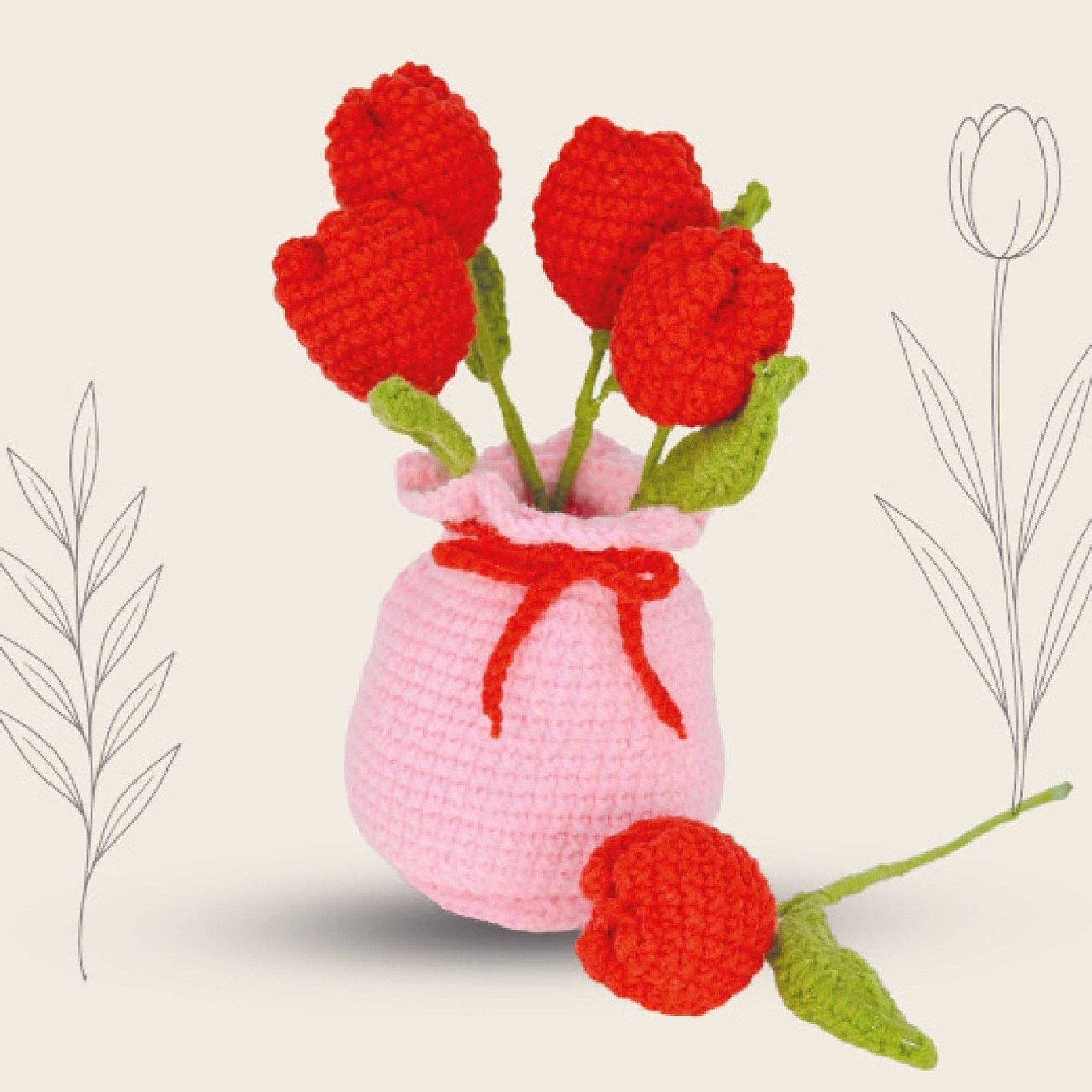 Forever Florals – Tulips and Vase Crochet Kit: Red Tulips Pink Vase