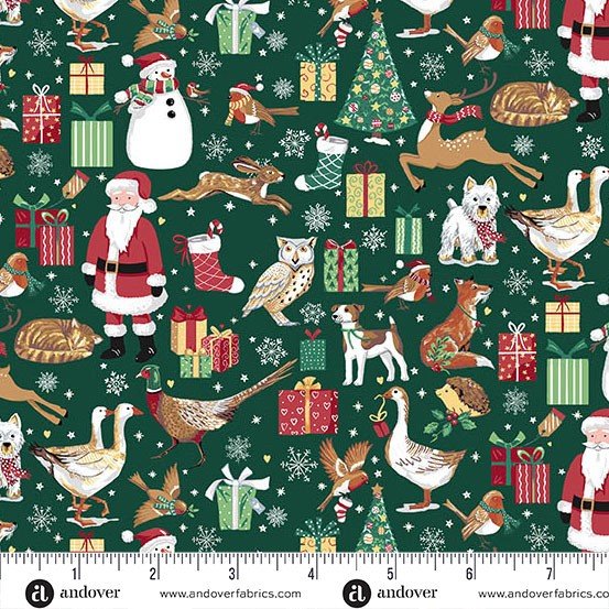 Makower Country Christmas Friends Green MU-230-G Panel Patchwork & Quilting Fabric